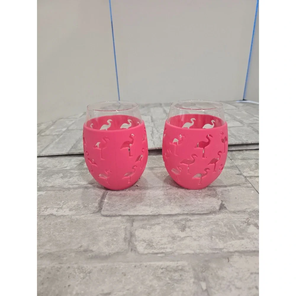 Celebrate Summer Together Stemless Wine Glasses Silicone Flamingo Sleeve Set 2